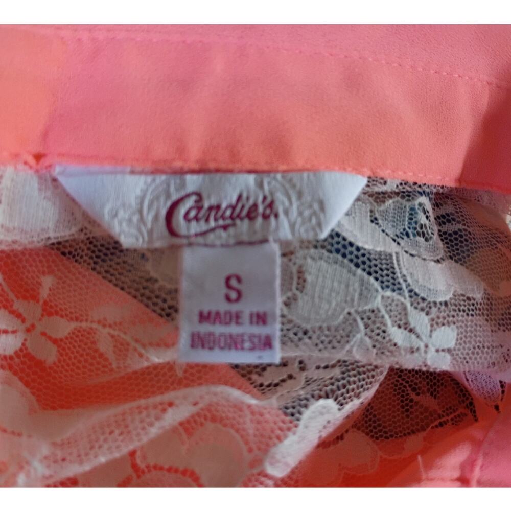 Candies Y2K Tie Front Lace Blouse Vivid Coral Orange Going Out Top Small Western - Picture 7 of 13